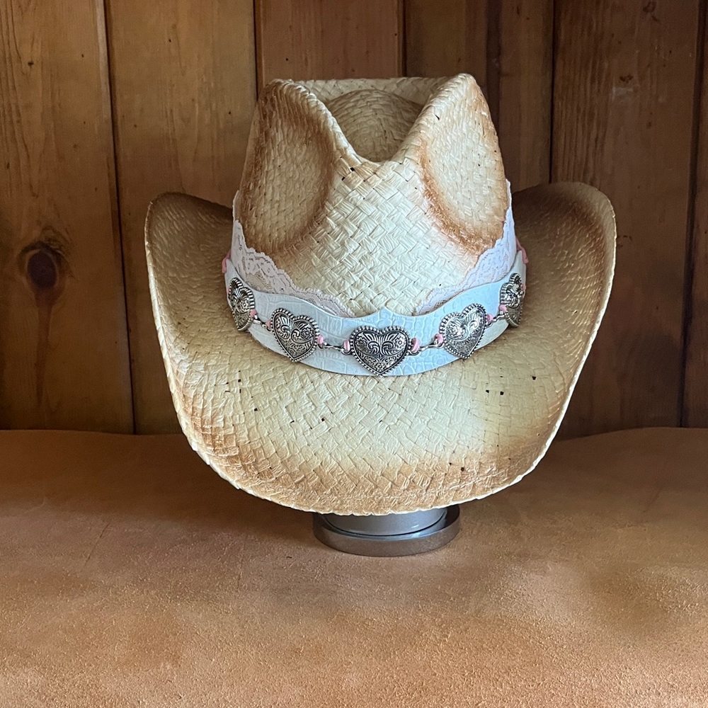Fiesta Straw Cowboy Hat with Silver Heart Band and White Trim
